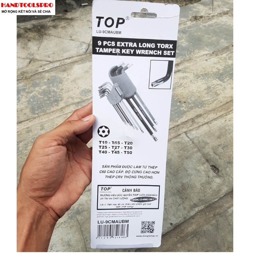 Bộ lục giác bông mai có lỗ 9 món dài thép C60 ( nhiều màu sắc) T10-T50 TOP LU-9CMAUBM