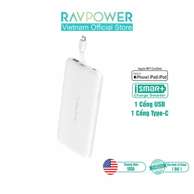 Pin Sạc Dự Phòng RAVPower 5000mAh Tích Hợp Cáp Sạc Lightning cho iPhone, iPad RP-PB098 - Hàng Chính Hãng