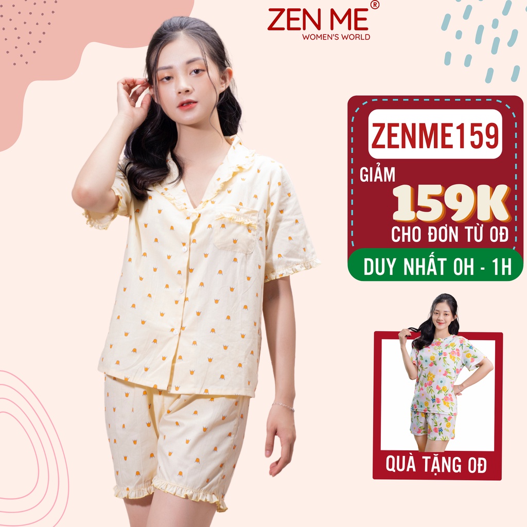 Bộ mặc nhà nữ Zen Me cộc tay quần đùi chất liệu thô cotton họa tiết dễ thương PJCB0722