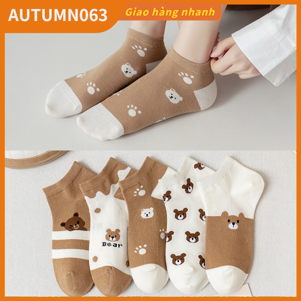 Set 5 đôi vớ cổ thấp thoáng khí mềm mại họa tiết hoạt hình dễ thương cho nữ
