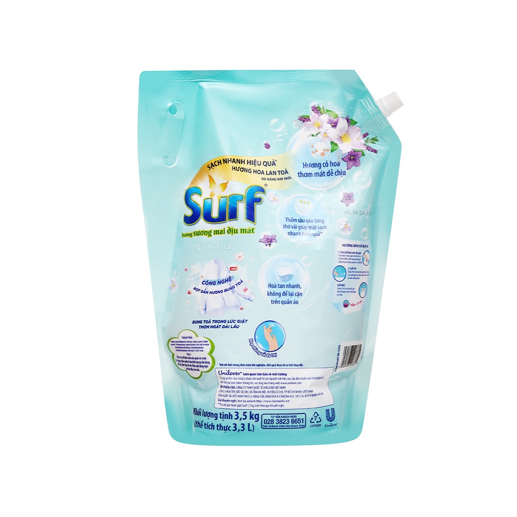 Nước giặt Surf Hương Sương mai dịu mát (Xanh) 3.5Kg