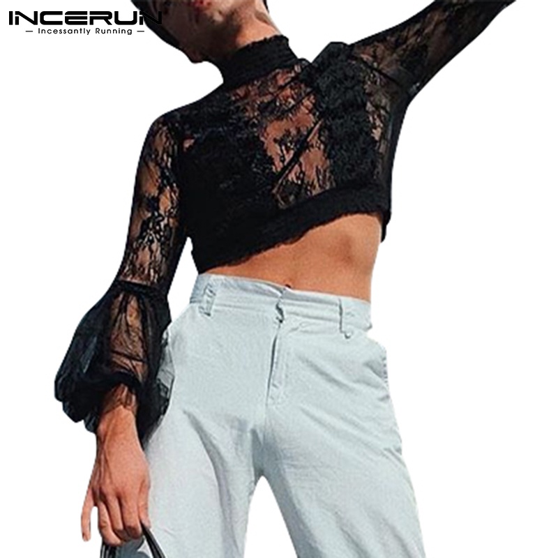 INCERUN Áo Croptop Tay Dài Phối Ren Xuyên Thấu Thời Trang Cho Nam