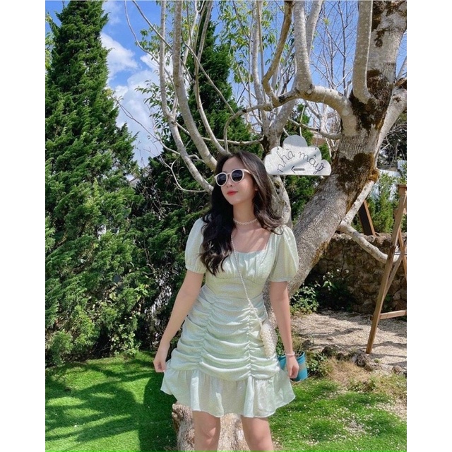 ❤️Đầm xanh nhún thân kèm hình thật