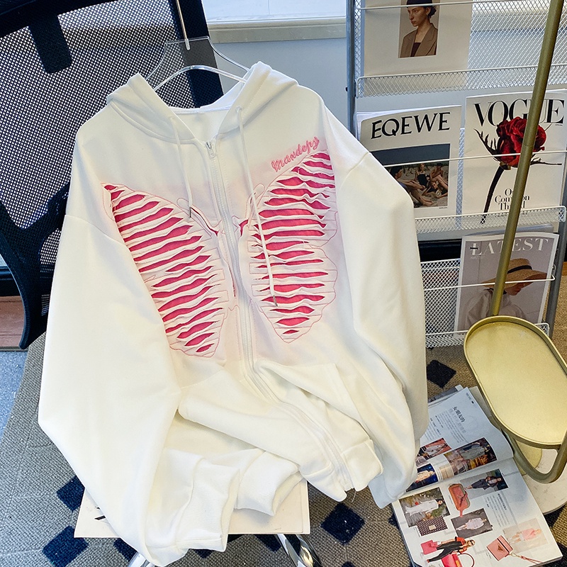 Áo khoác ZHELIHANGFEI có mũ trùm đầu họa tiết bướm phối khóa kéo thời trang dành cho nữ