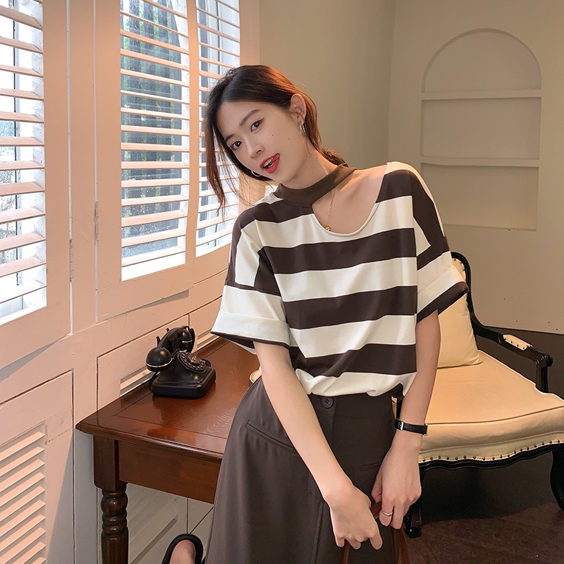 Áo thun ZHELIHANGFEI dệt kim tay ngắn dáng rộng kẻ sọc trẻ trung thời trang cho nữ