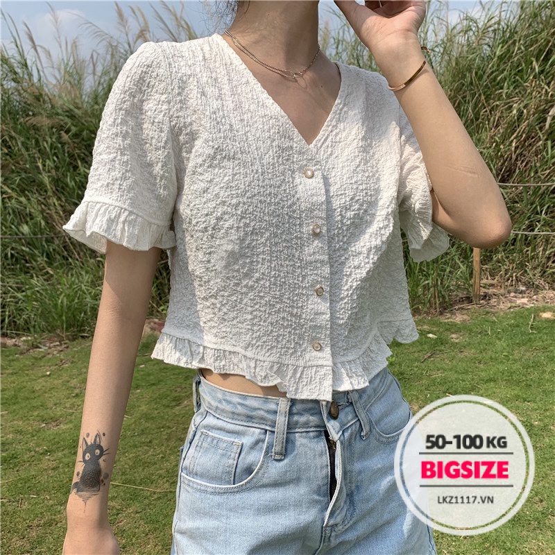 Áo thun Bigsize Áo kiểu nữ croptop tay ngắn cổ chữ v mùa hè Phong cách Hàn Quốc Thời Trang cá tính xinh đẹp bigsizegiaree