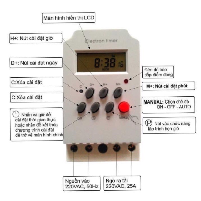 Công tắc hẹn giờ Kg316 T-ll/ 25 A 16 chương trình bật tắt thiết bị có khoá phím