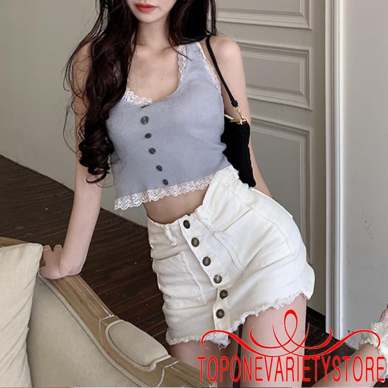 Áo Croptop Hai Dây Phối Ren Màu Sắc Thời Trang Cho Nữ