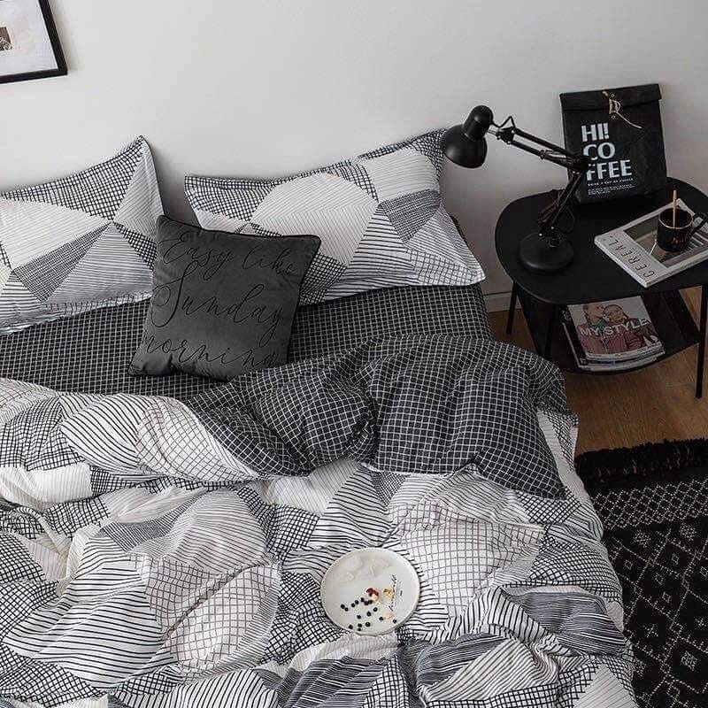 Full Set Bộ Ga giường Cotton Chần Bông Caro Kẻ Trắng Xám Phối ((m2x2m - m8x2m))