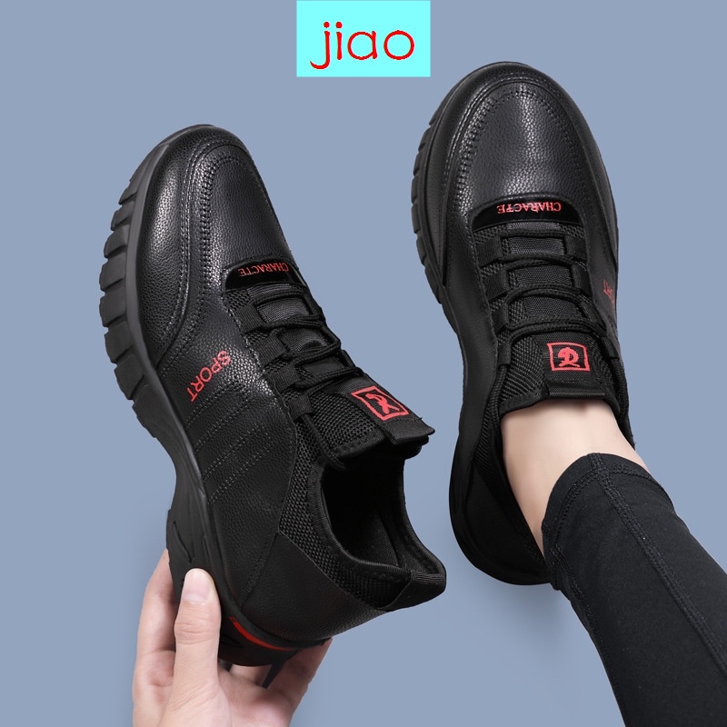 Giày thể thao bằng da mềm chống trượt chống thấm nước màu đen thoải mái thời trang cho nữ