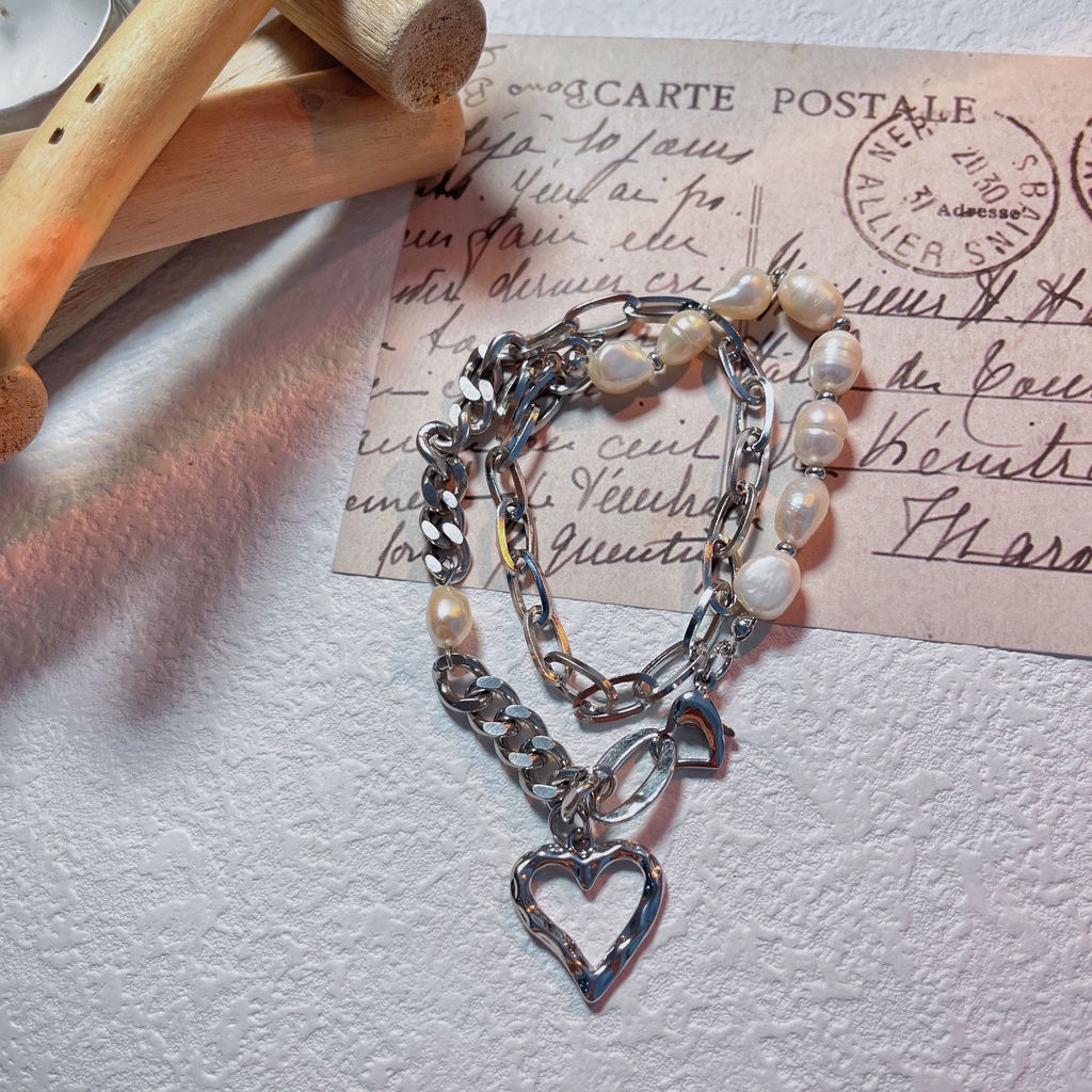 Vòng cổ Mặt Trái Tim Rỗng Đính Ngọc Trai Phong Cách Thời Trang Đơn Giản