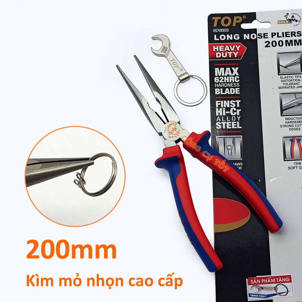 Kìm mỏ nhọn cao cấp TopGold 200mm lưỡi thép giàu Crôm tôi cao tần độ cứng HRC62