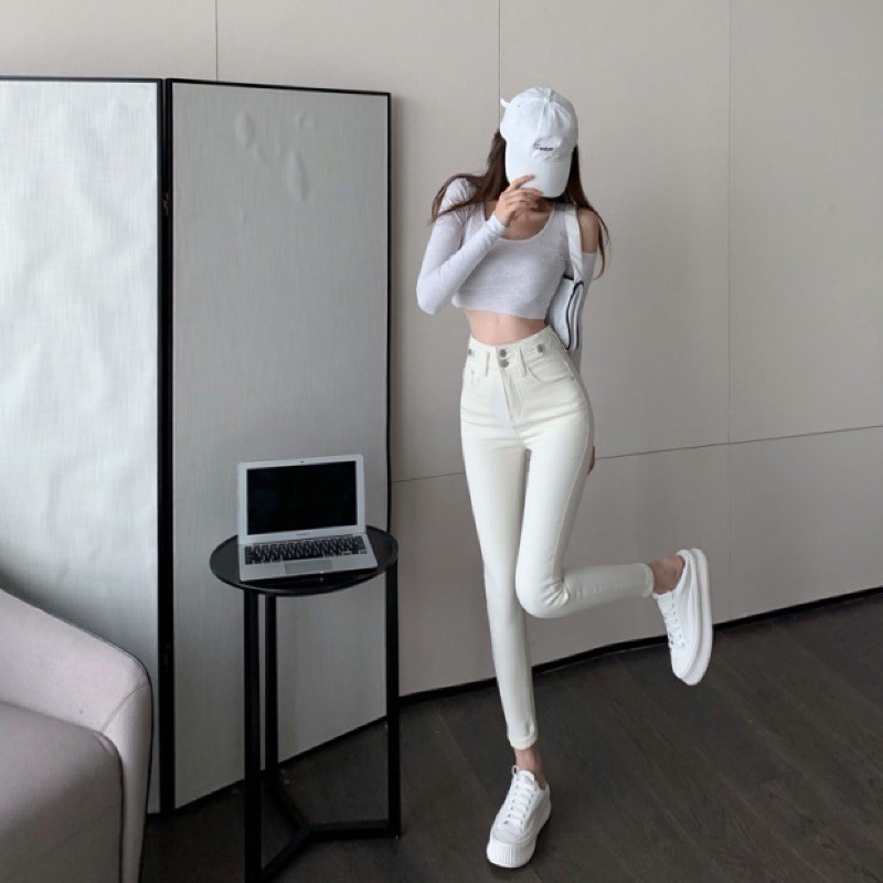 Quần jeans skiny ôm sát màu trắng kem lưng cao cho nữ