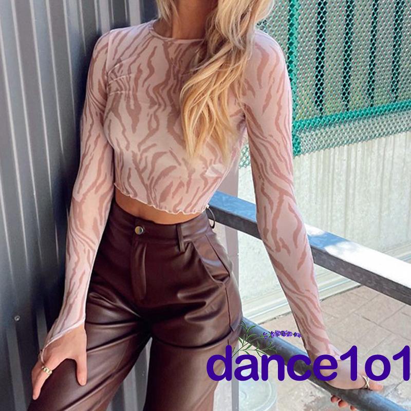 Áo kiểu tay dài cổ tròn ngắn viền tai gỗ in họa tiết cho nữ