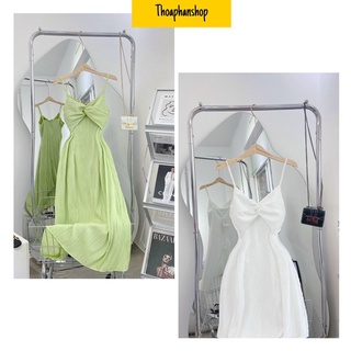Đầm midi xốp hai dây xoắn ngực ba màua