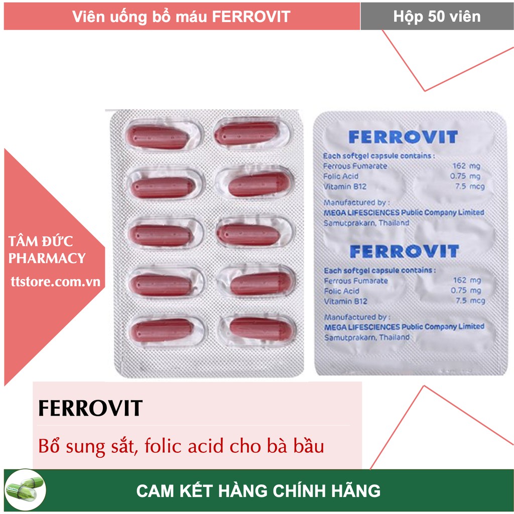 Viên Bổ Sung Sắt FERROVIT Hộp 50 viên Dùng cho Phụ nữ có thai, người thiếu máu cho thiếu sắt