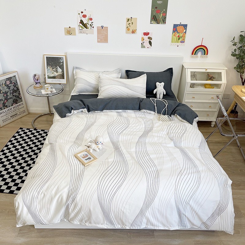 Bộ vỏ chăn ga gối 4 món Cotton Poly vân trắng (Ảnh thật ở phía cuối)