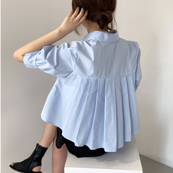 Áo Sơ Mi Tay Ngắn Phồng Xếp Ly Dáng Rộng Phong Cách Hàn Quốc Vintage Baju Baju Wanita Lengan Panjang Dành Cho Bạn Nữ