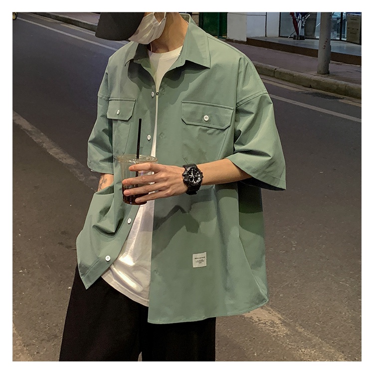 ♞AFF LIGA♞ Áo sơ mi tay ngắn màu trơn form rộng thời trang mùa hè phong cách Hàn Quốc trẻ trung cho nam