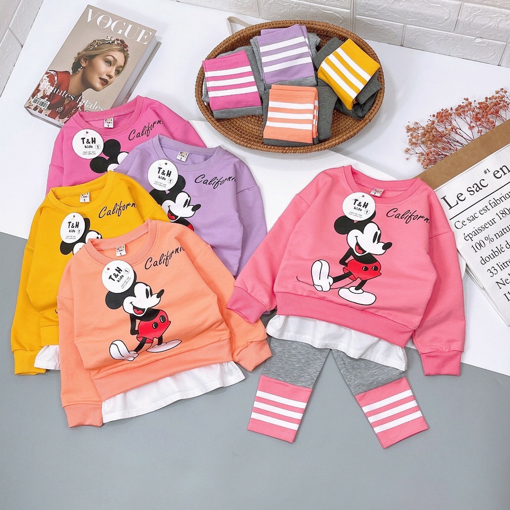 Đồ bộ bé gái thu đông  Set áo nỉ da cá dài tay, cổ tròn, họa tiết chuột mickey và quần legging cho bé từ 8 đến 20 kg