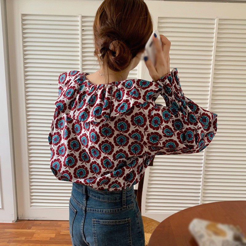 Áo Voan Tay Dài Cổ Peter Pan Họa Tiết Hoa Cho Nữ