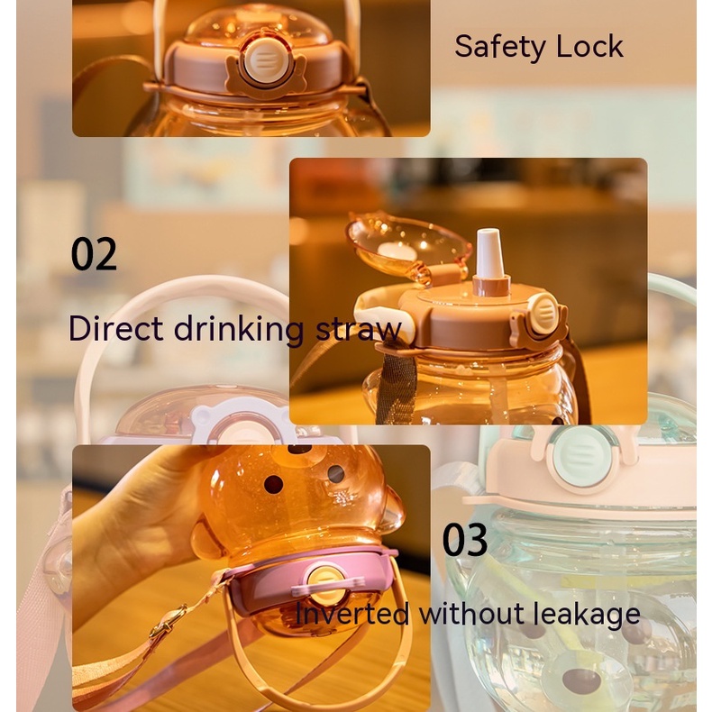 Bình Đựng Nước Cỡ Lớn Có Ống Hút Bằng Nhựa Hình Gấu Dễ Thương Sáng Tạo