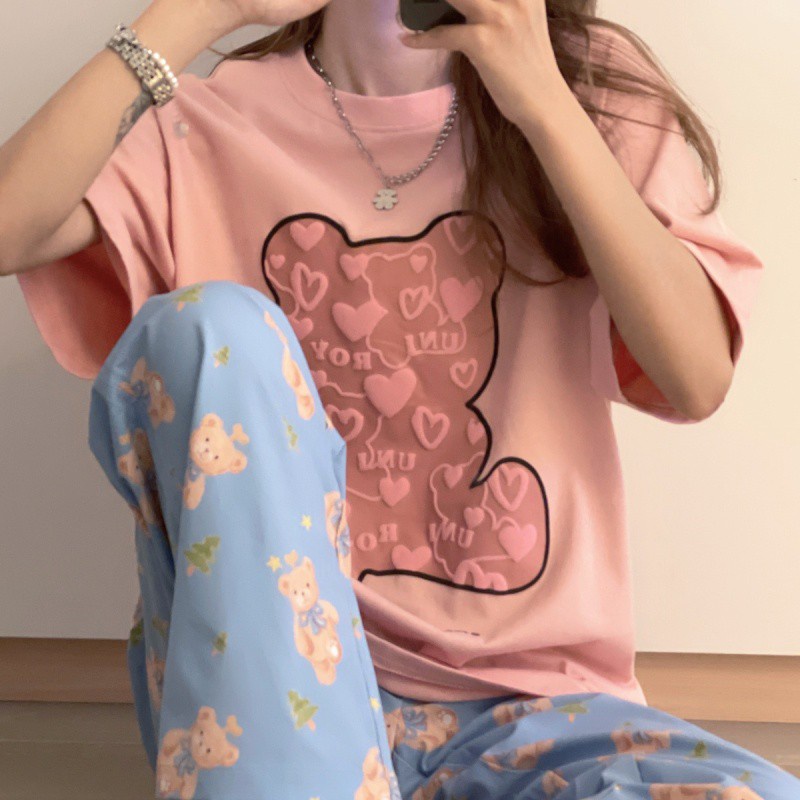 Áo Thun Nữ Tay Ngắn Dáng Rộng In Hình Gấu Dễ Thương