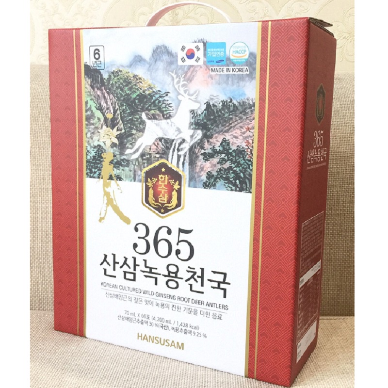 Nước Hồng Sâm Núi Nhung Hươu 365 Hansusam Hàn Quốc, Hộp 60 Gói * 70ml, Giúp Bồi Bổ Nâng Cao Sức Khỏe