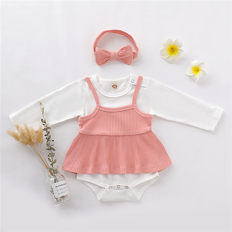 Set Romper giả hai mảnh và băng đô Mikrdoo dễ thương cho trẻ sơ sinh