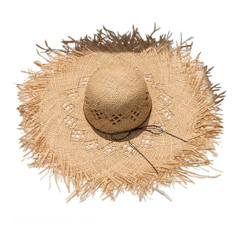 Mũ Cói Rộng Vành Phối Tua Rua Thời Trang Đi Biển Cho Nữ