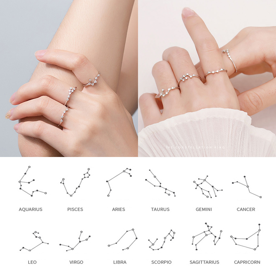 Nhẫn mạ bạc 925 đính đá phong cách 12 chòm sao tùy chọn