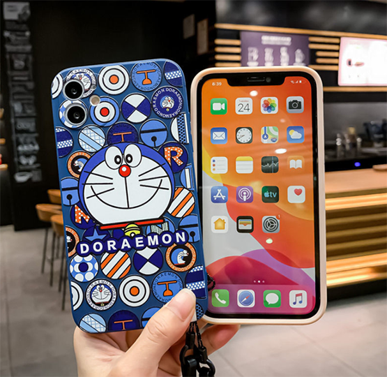 For IPHONE 6 6s 7 8 11 12 Pro Max Mini Plus Case camera Lanyard Frame Border Pattern Catroon Cute Doraemon Wrist Strap Housing Casing Cover Ip11 Ip12 Silicone Full Camera Protector