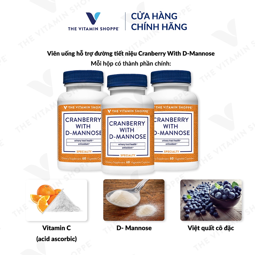 Viên uống hỗ trợ đường tiết niệu The Vitamin Shoppe Cranberry With D-Mannose 60 viên