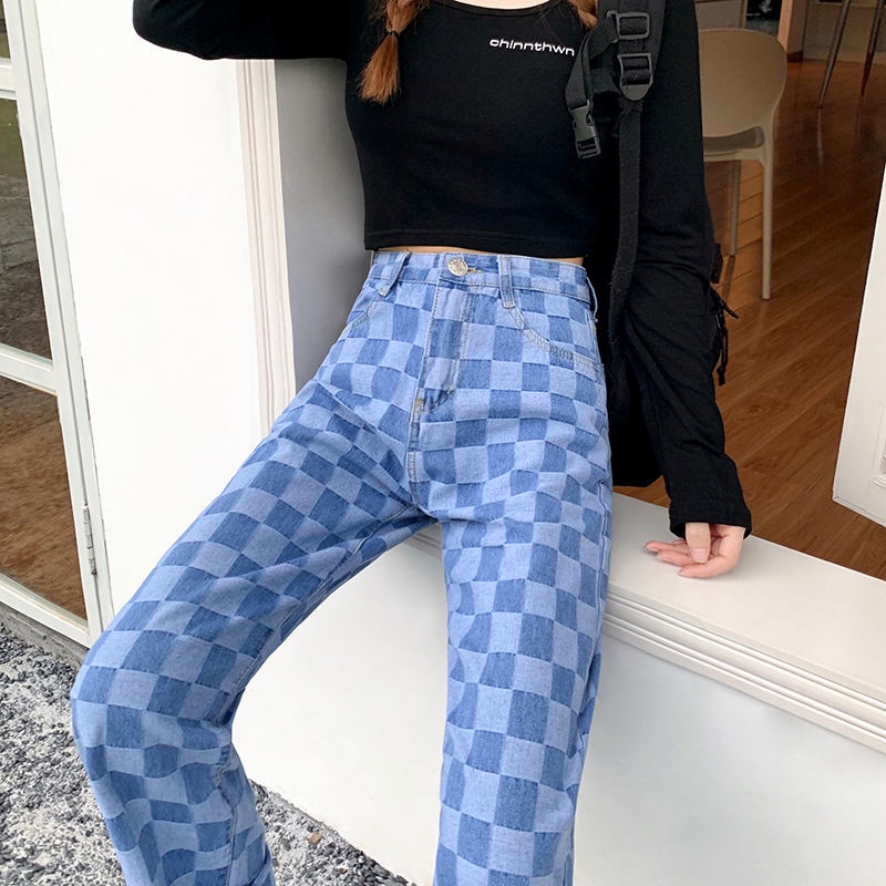 Quần jean IELGY ống rộng dáng suông họa tiết sọc mới cho nữ