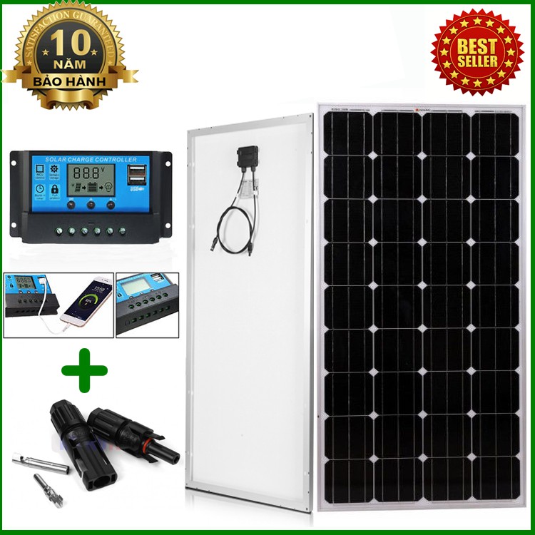 Tấm Pin năng lượng mặt trời đơn tinh thể Mono 170W tặng điều khiển sạc PWM (sạc cho hệ acquy 12V/24V) + Jack đơn MC4