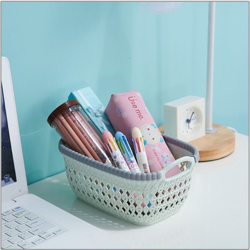 Giỏ nhựa hoa giả mây việt nhật có quai cầm màu pastel xinh xắn