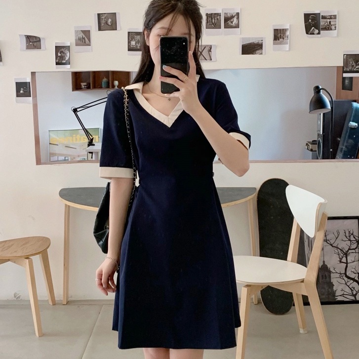 Đầm Thun polo Ôm Eo Cổ Chữ v Màu Sắc Tương Phản Thời Trang Mùa Hè Dành Cho Nữ
