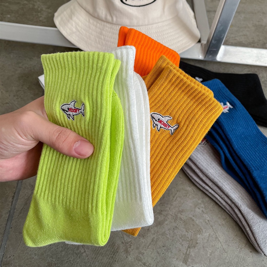 WAFNHA D476 Vớ Thể Thao Màu Trơn Thêu Hình Cá Mập Dành Cho Nam