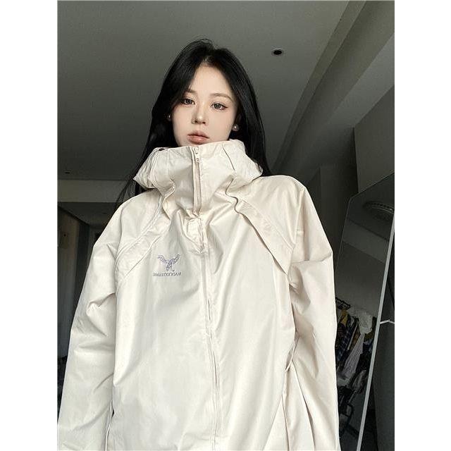 Áo Khoác Có Nón Và Khóa Kéo Màu Trắng Đen Thêu Họa Tiết Đơn Giản Thời Trang 2022 Cho Nữ