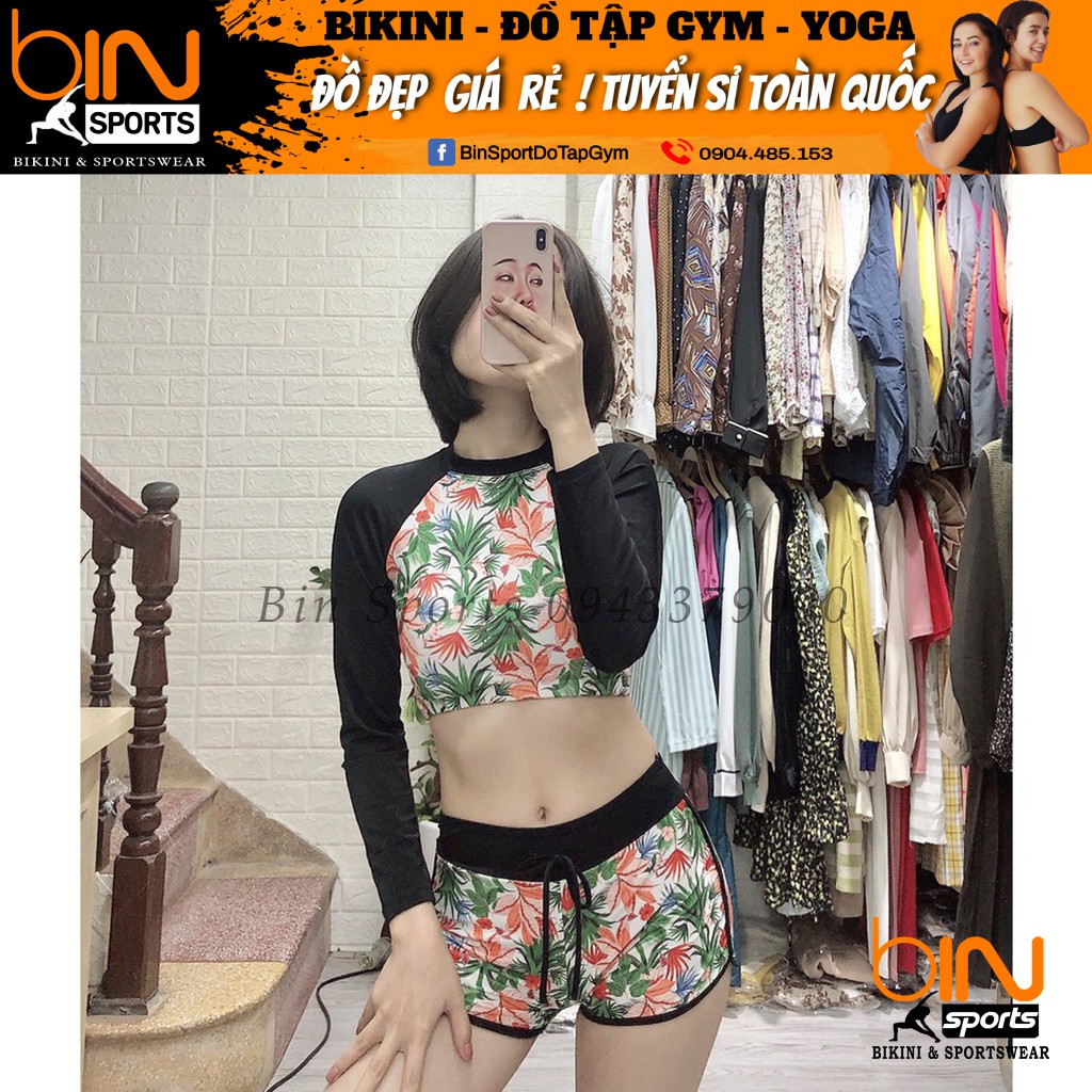 Bộ Đồ Bơi Nữ 2 Mảnh Quần Đùi Cạp Cao Aó Crop Dài Tay Bin Sports BHV093