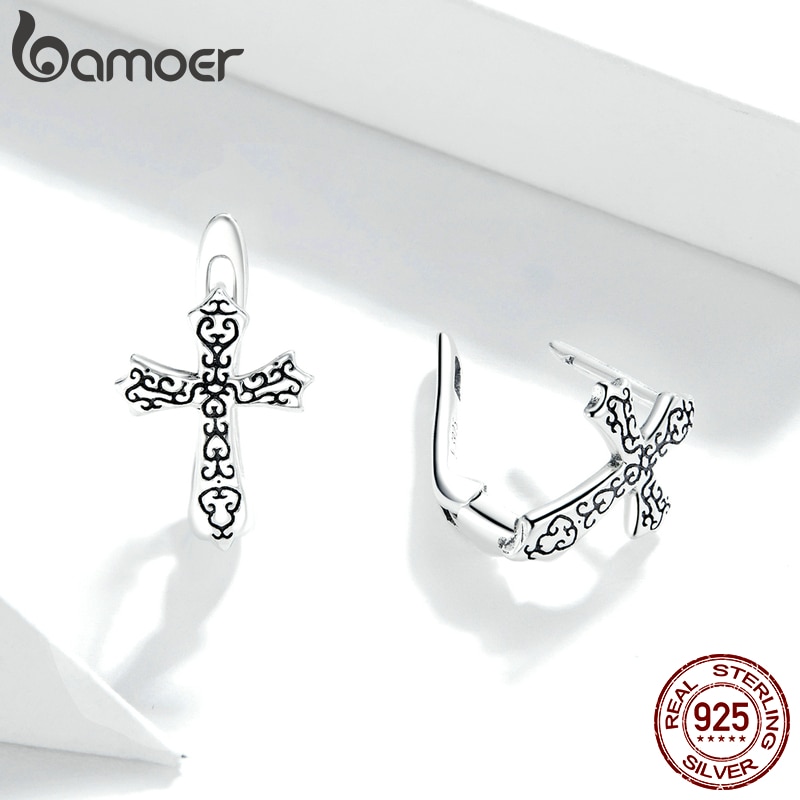 Khuyên Tai Nữ Bamoer Mặt Hình Thánh Giá Họa Tiết Dây Leo Bằng Bạc Sterling 925