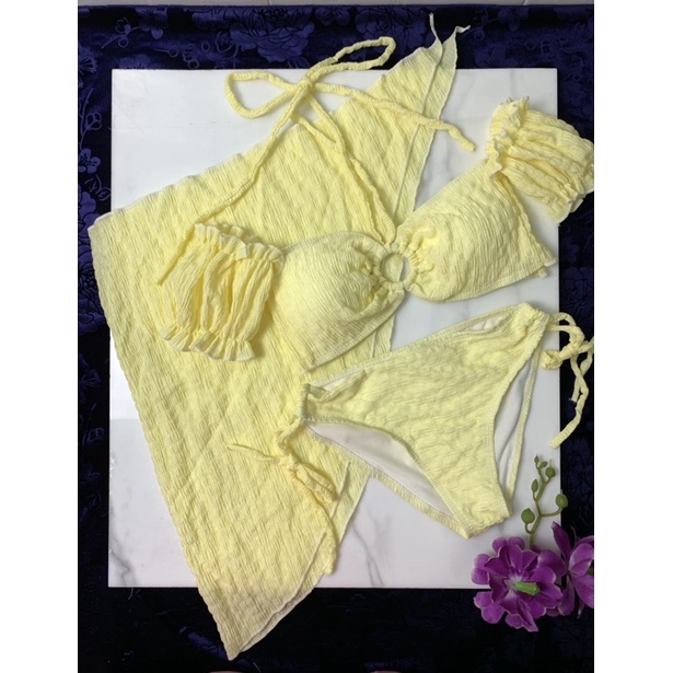 [Hàng có sẵn full màu hình thật chụp  sàn] Bikini Set 3 món tay bồng trễ vai phối khoen áo