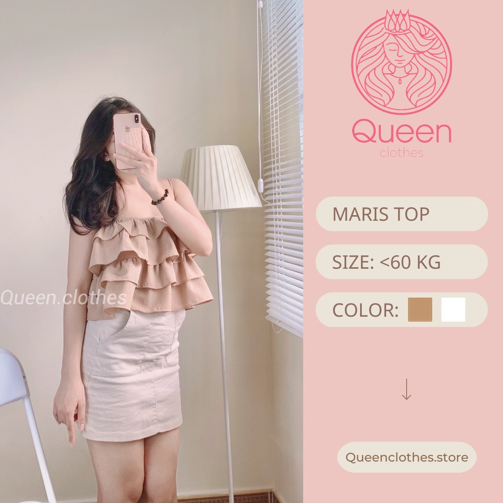 Áo croptop hay dây QUEEN xếp tầng, nút cài ngọc trai phía sau, chất xốp đũi mềm siêu mát, 2 màu  - MARIS TOP QT006