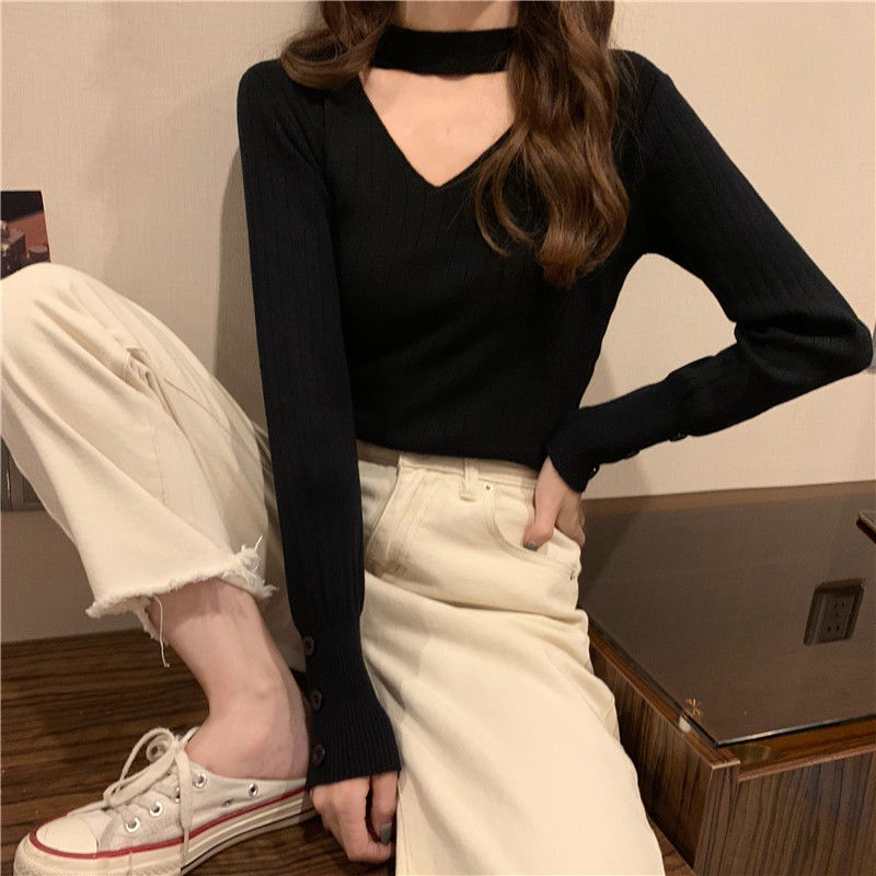 Áo Sweater dệt kim tay dài cổ chữ v thiết kế trẻ trung cá tính