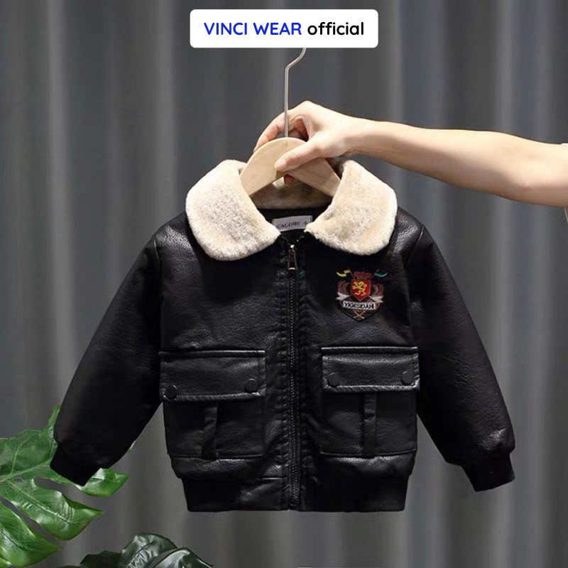 Áo da phối cổ lông thêu hình VINCI WEAR lót lông cực xịn xò