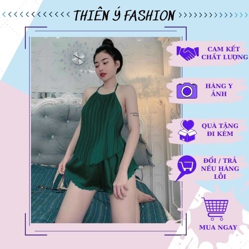 Set Đồ Ngủ Yếm Sexy Áo Cột Dây Dập Ly Quần Lụa Ren, Bộ Ngủ Chất liệu Mát Lạnh Cực Mềm