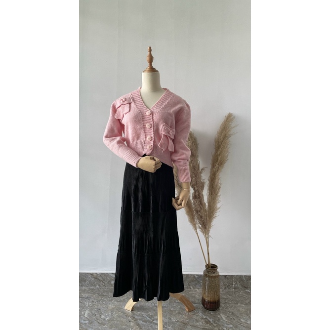 Áo Khoác Len Cổ V Có Nơ Hoa Nổi 4 Khuy Tay Dài | Smide Clothing
