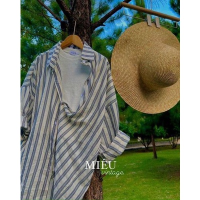 Áo sơ mi kẻ sọc xanh dài tay unisex