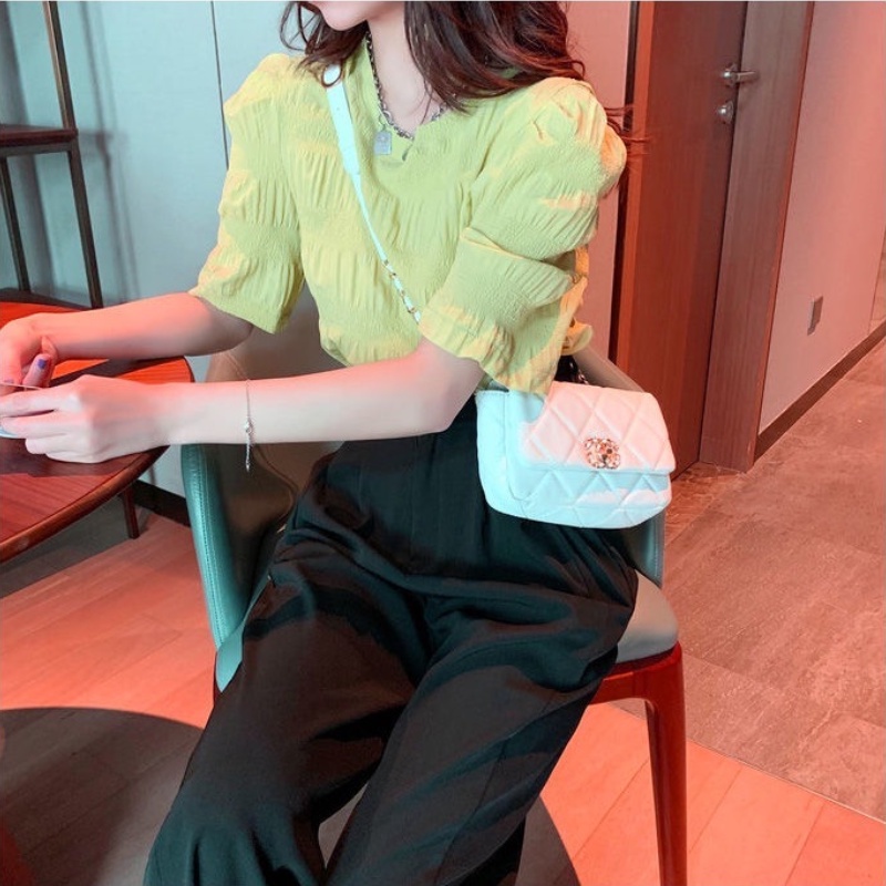 Áo nữ BH tay ngắn dáng rộng xếp nếp thời trang mùa hè phong cách Hàn Quốc