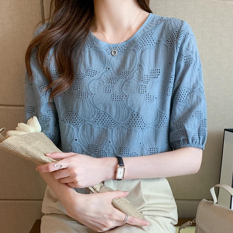 Áo Kiểu Tay Ngắn Phồng Cổ Tròn Thêu Họa Tiết Chất Liệu Cotton Thời Trang Mùa Hè Cho Nữ
